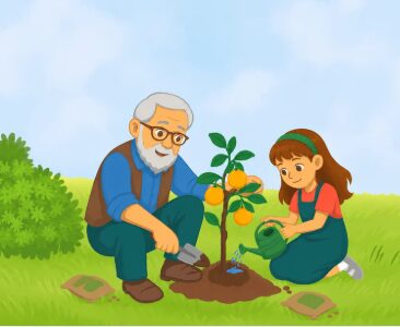 Sophie planting with grandfather
